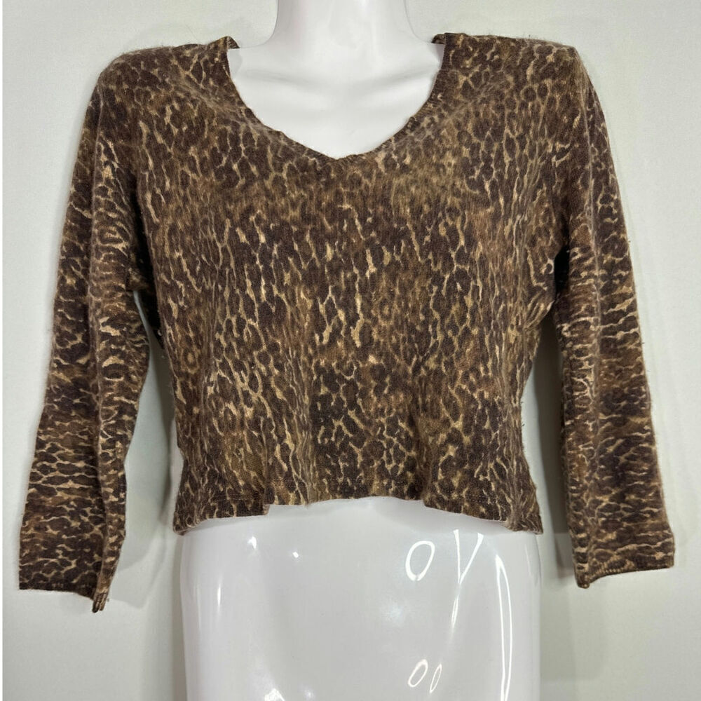 Reformation Brown Animal Leopard Print V-Neck‎ Cropped Sweater Size Small